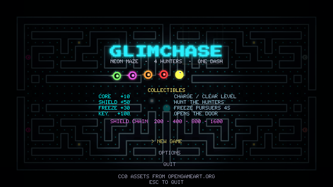 The Glimchase title screen: neon wordmark, the sprite parade and the COLLECTIBLES attract panel listing pickups and the shield chain